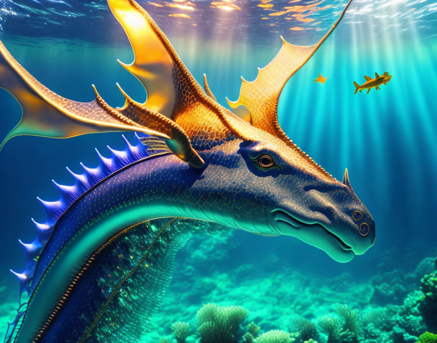 Fantastical sea dragon with wings and horns swimming in blue and gold underwater scene.