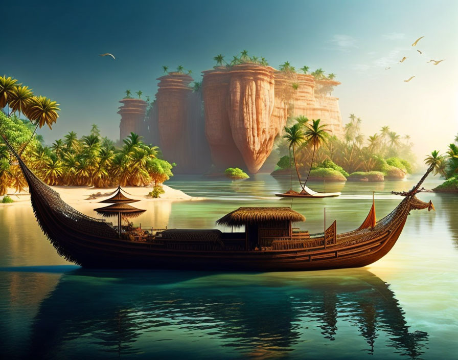 Tranquil landscape with traditional boat, lush islands, and towering cliffs