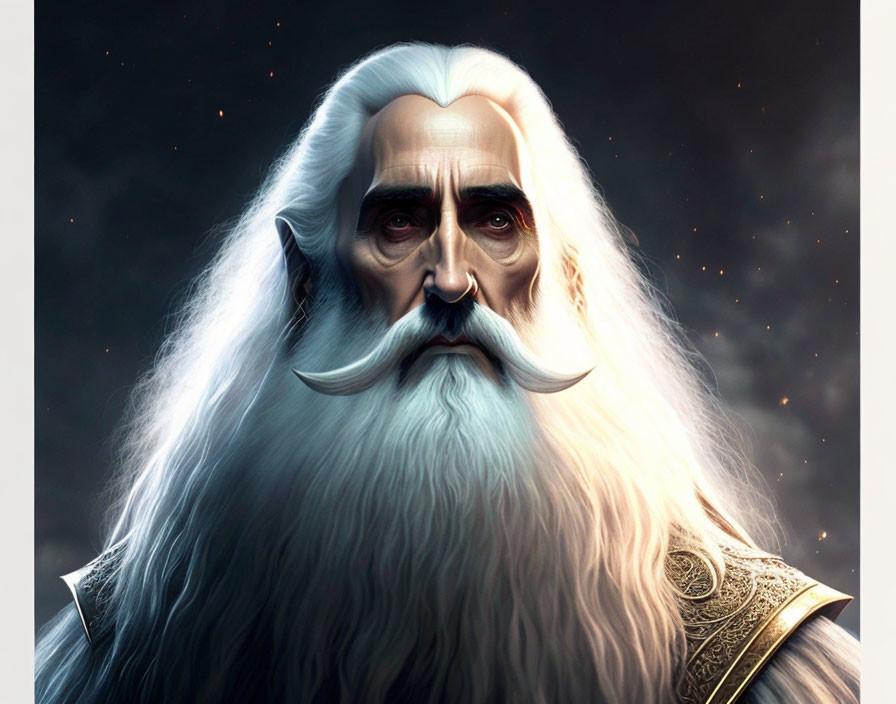 Elderly man with long white beard in fantasy attire