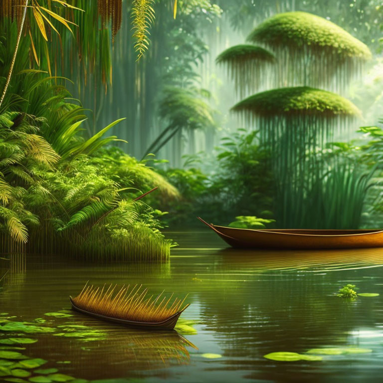 Tranquil rainforest scene with wooden boat, lush greenery, mushrooms, misty ambiance