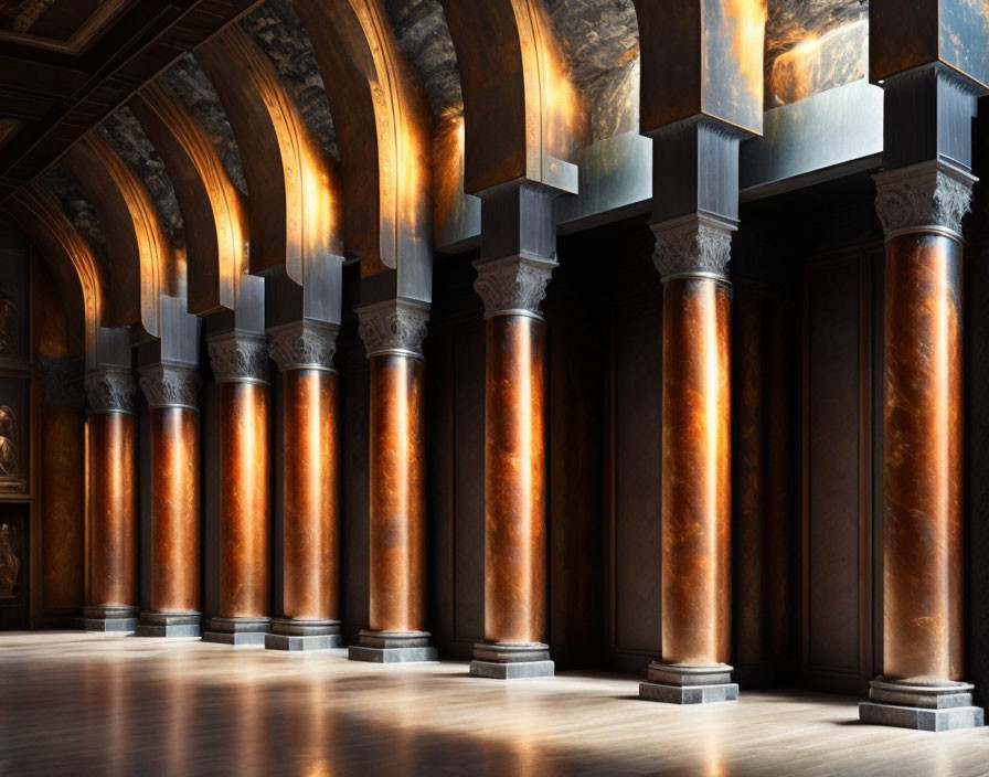 Polished cylindrical pillars under a dark barrel-vaulted ceiling with sunlight.