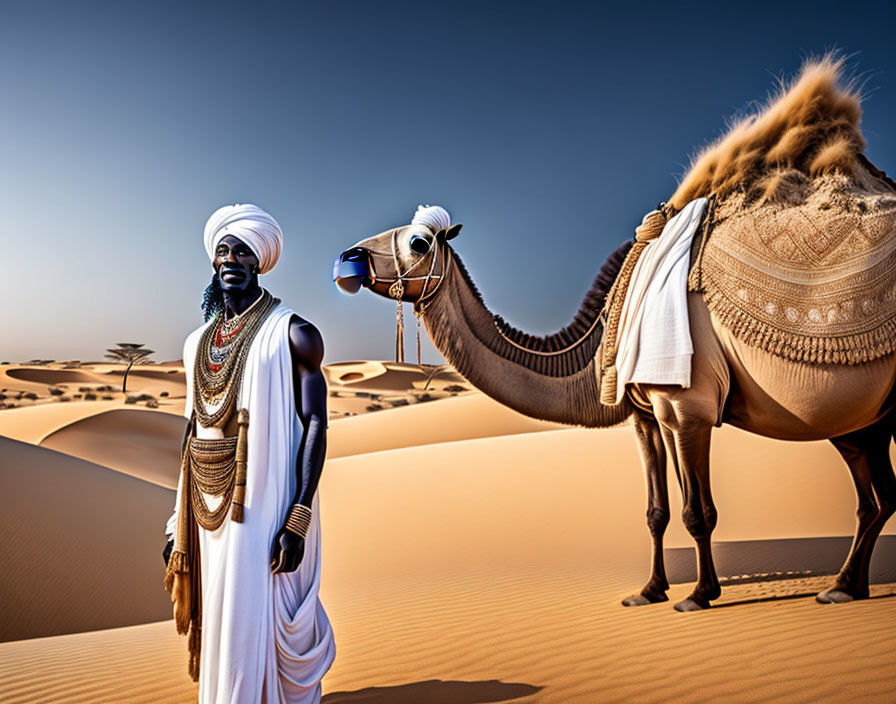 Man in traditional attire standing with camel in desert setting