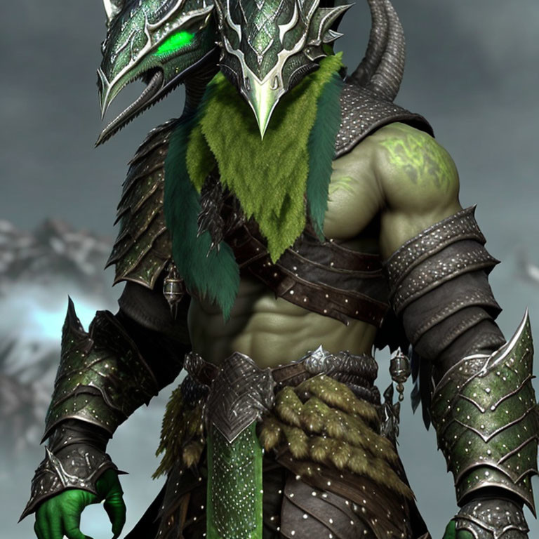 Muscular character with lizard-like features in ornate armor with green scales and vibrant eyes