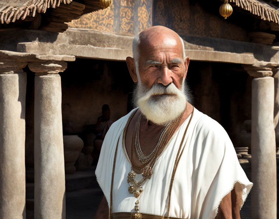 Elderly man in white robe with beard near ancient columns