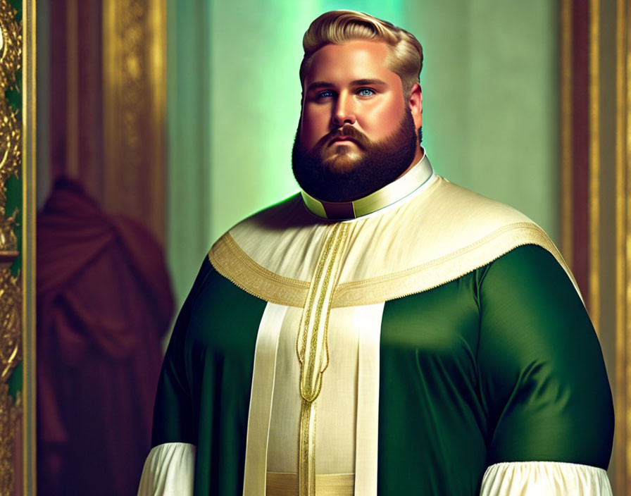 Stylized digital portrait of a bearded man in formal green robe