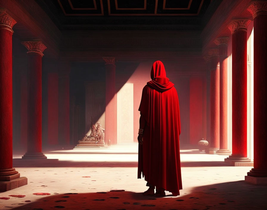 Person in Red Cloak Standing in Grand Hall with Tall Red Columns and Statues in Light