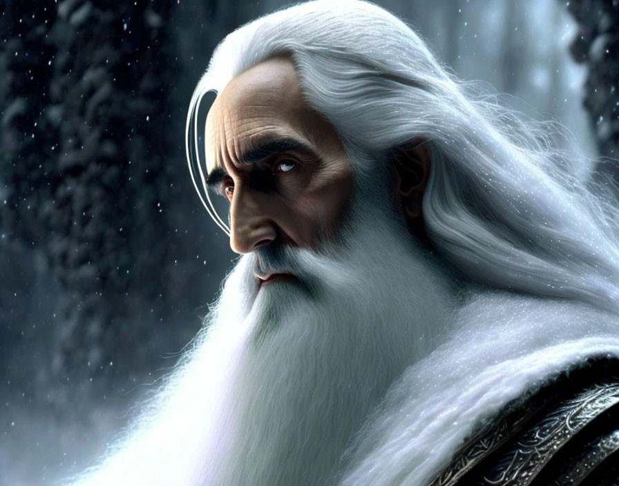 Elderly animated character with long white beard in ornate robes on snowy backdrop