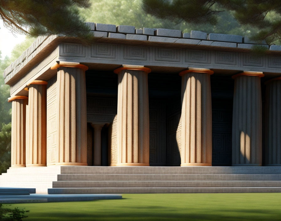 Digital render of ancient Greek-style temple in forest with Doric columns