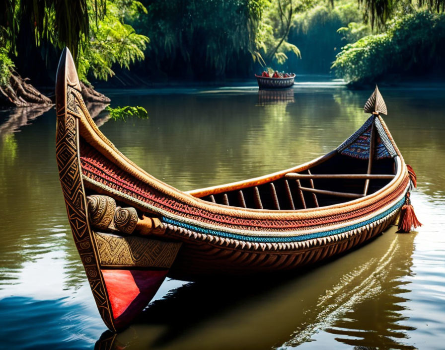 Traditional Canoe on Calm River with Lush Greenery