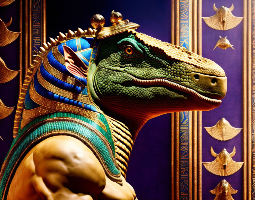 Colorful stylized dinosaur sculpture with Ancient Egyptian pharaoh elements on blue background