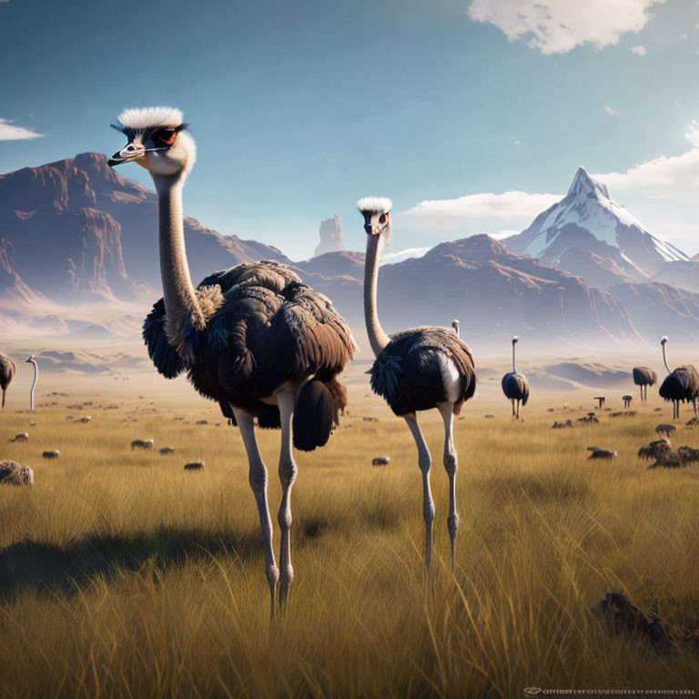 Stylized ostriches in savanna with mountain view