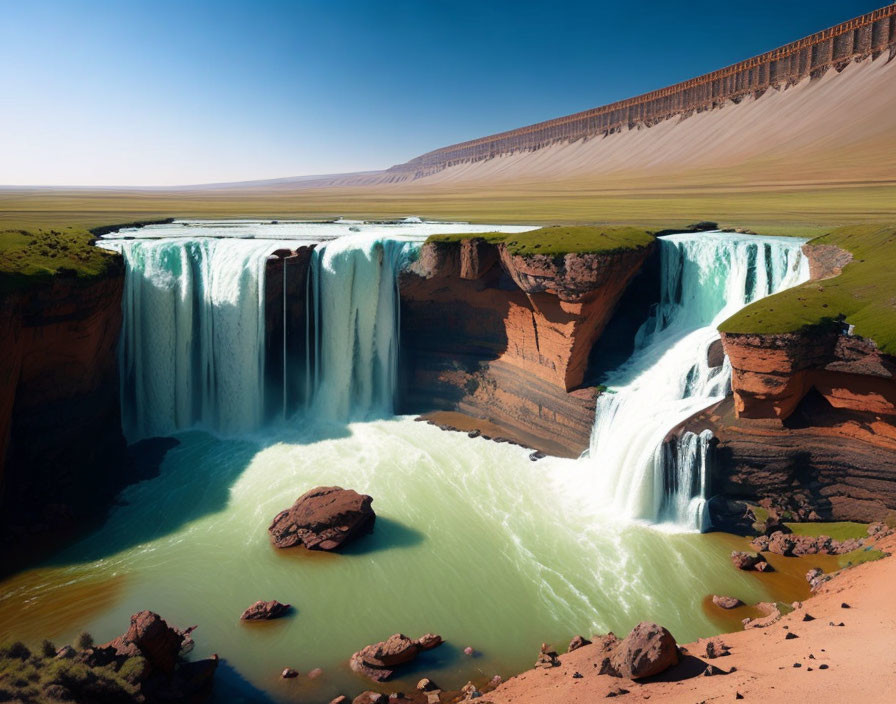 Majestic waterfall cascading into tranquil pool below towering cliffs