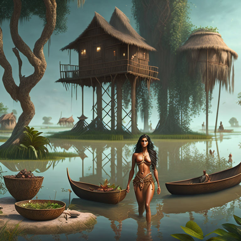 Tranquil River Scene with Woman, Canoes, Huts & Greenery