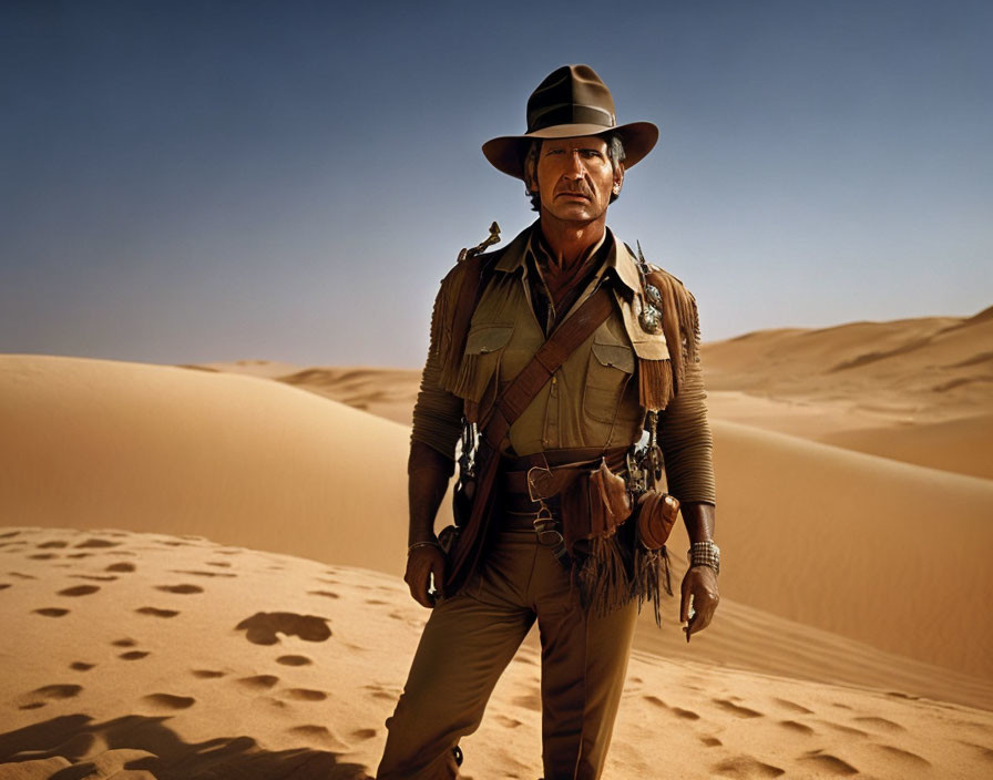 Adventurer in desert with hat, leather jacket, and shoulder bag