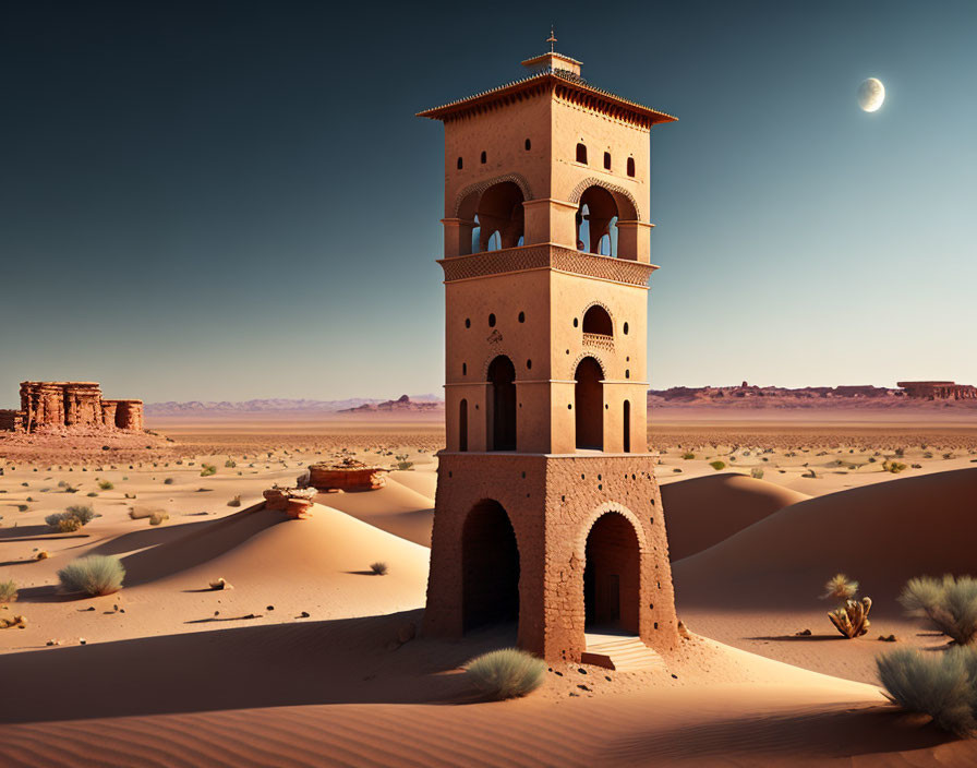 Ancient tower in desert with sand dunes and crescent moon