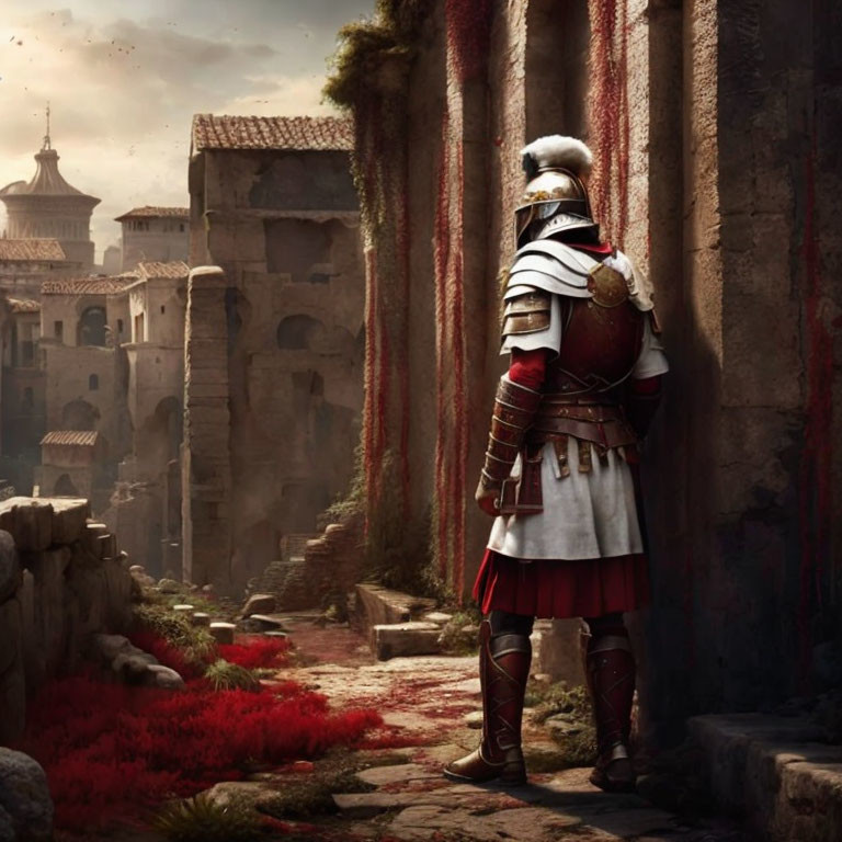 Roman soldier in traditional armor amid ancient ruins, overlooking distant city with red path.