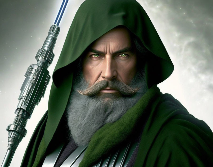 Bearded Man in Green Cloak with Silver Lightsaber in Cosmic Setting