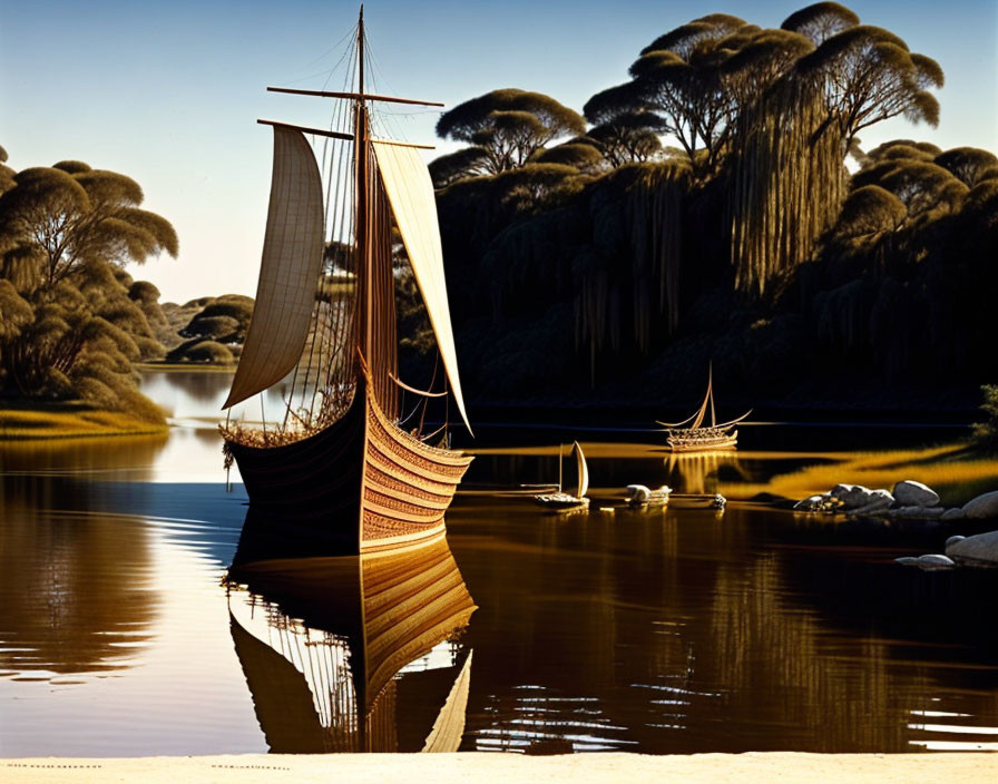 Large Wooden Sailboat on Calm Waters with Exotic Trees in Golden Light