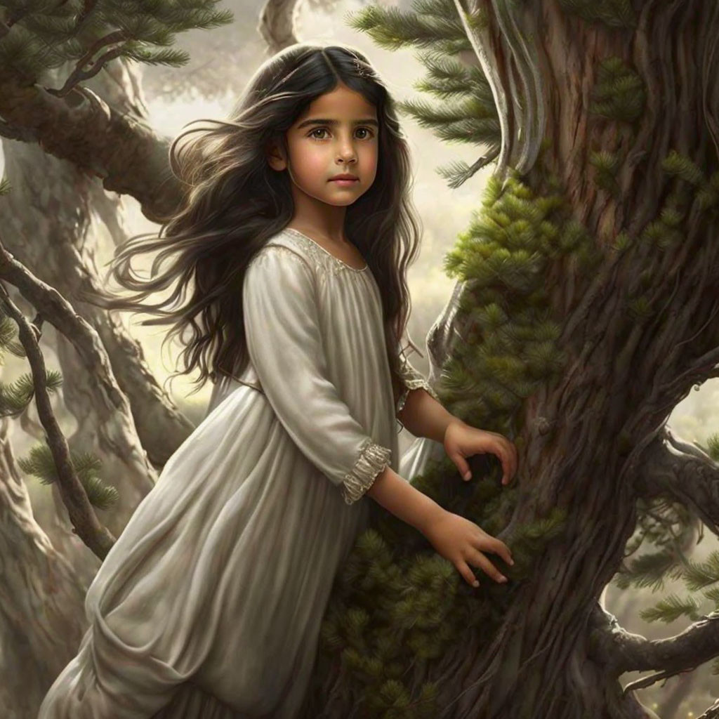 Young girl with long dark hair in pale dress among trees