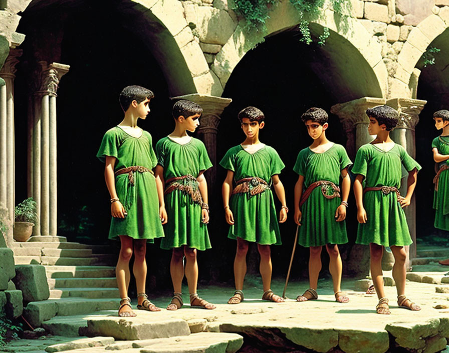 Six young individuals in ancient Roman attire under stone archway