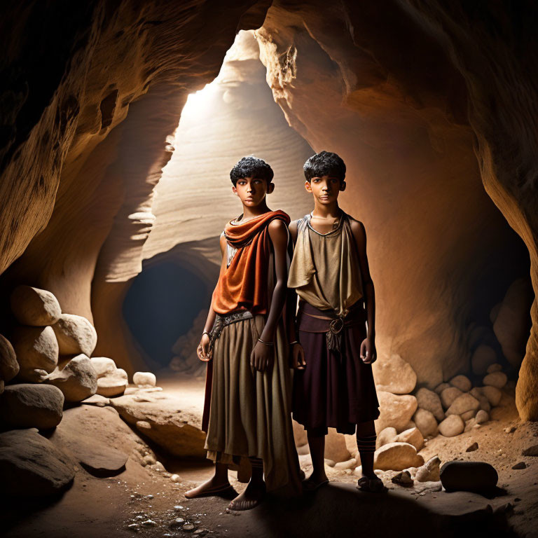 Two people in ancient clothing in cave with natural light.