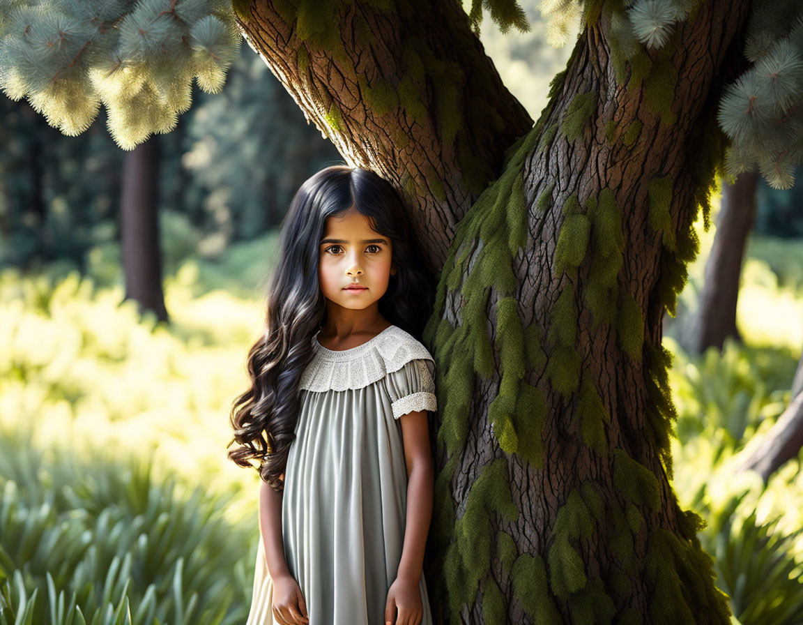 Young girl with long dark hair in green dress by tree and lush plants under warm lighting