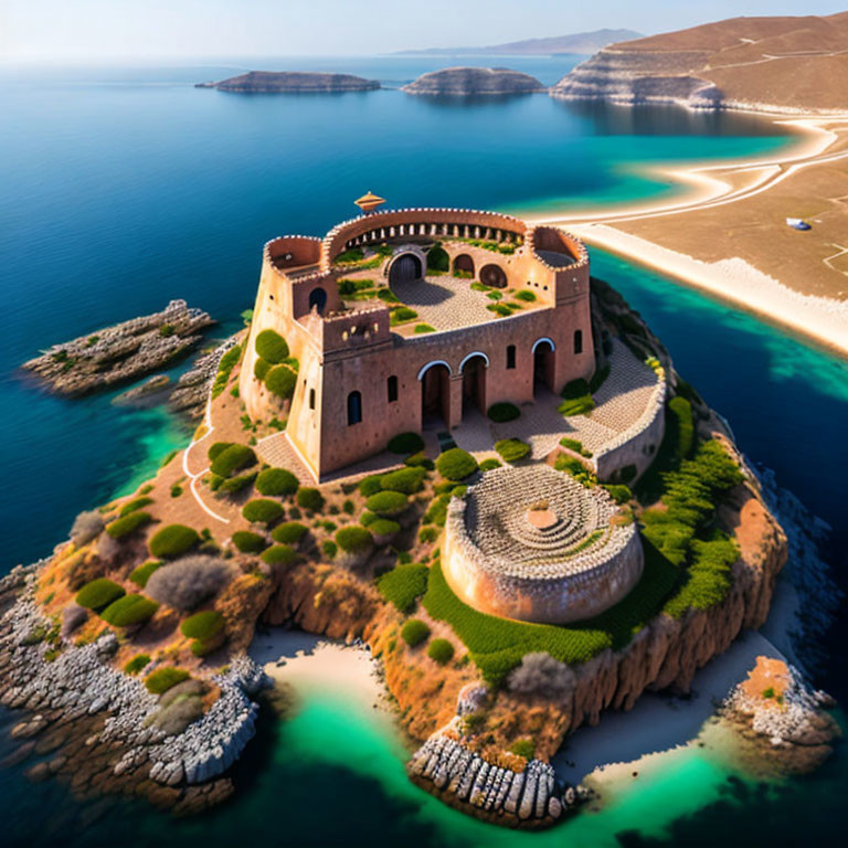 Coastal fortress on peninsula with turquoise waters & cliffs.