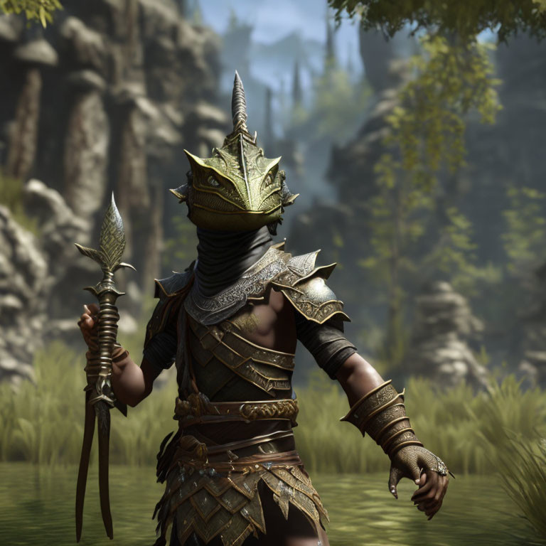 Lizard-like character in ornate armor with spear in lush forest