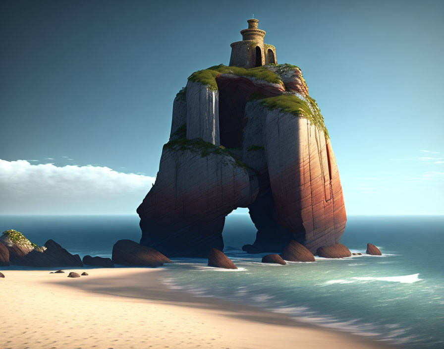 Tranquil beach scene with rock formation, lighthouse, and blue waters