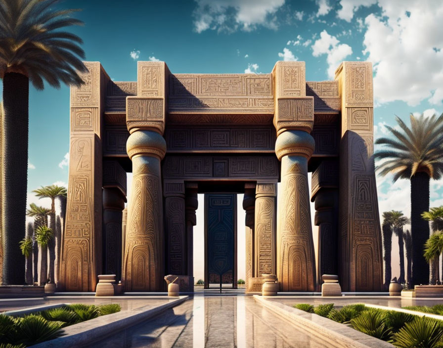 Digital art depicting ancient Egyptian temple entrance with towering columns, hieroglyphics, and palm trees under