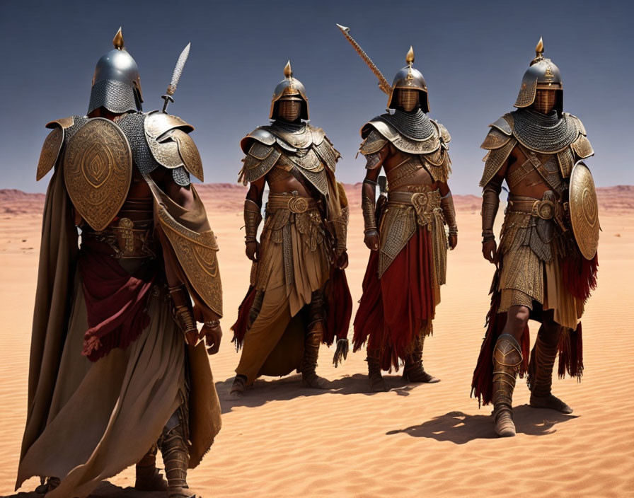 Four armored knights with swords in desert landscape