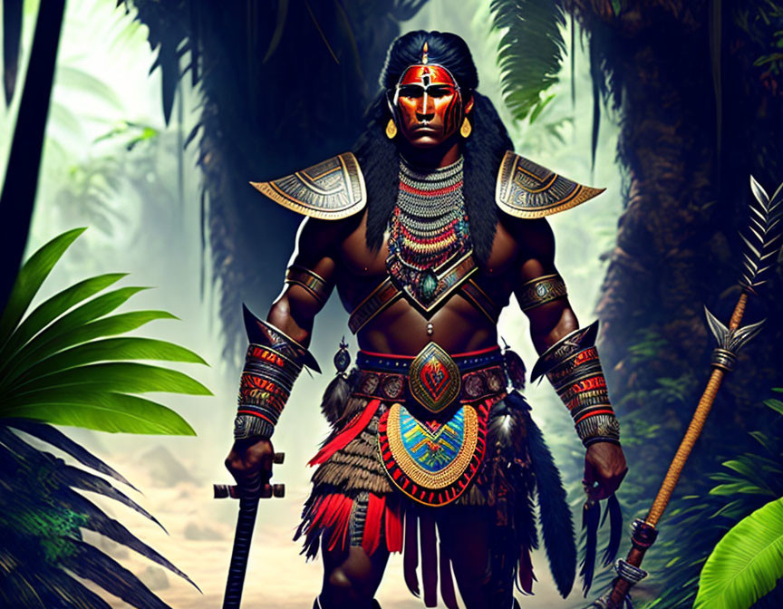 Warrior in Tribal Armor with Spear in Jungle Setting