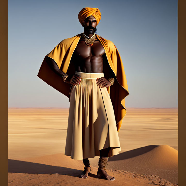 Regal man in desert wearing turban and gold jewelry