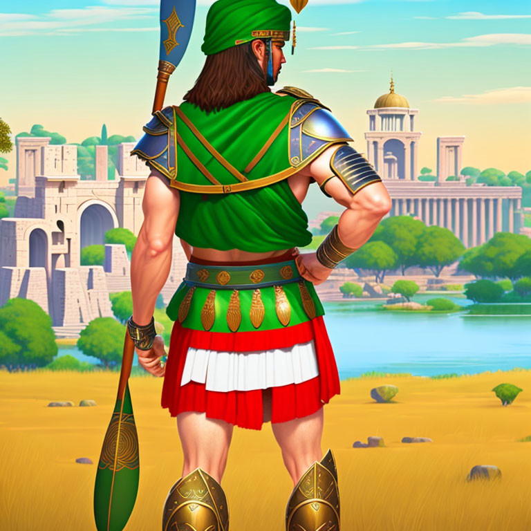 Muscular warrior in ancient armor with spear overlooking serene landscape.