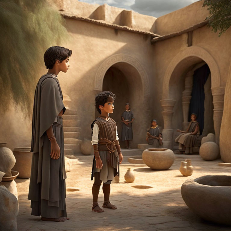 Historical animated boys in courtyard with onlookers and earthenware pots