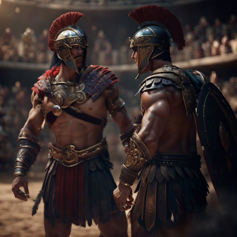 Gladiators in ornate armor face off in arena with crowd watching