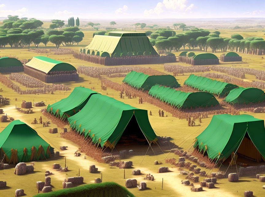 Military encampment scene with green tents, troops in formation, and trees in vast plain