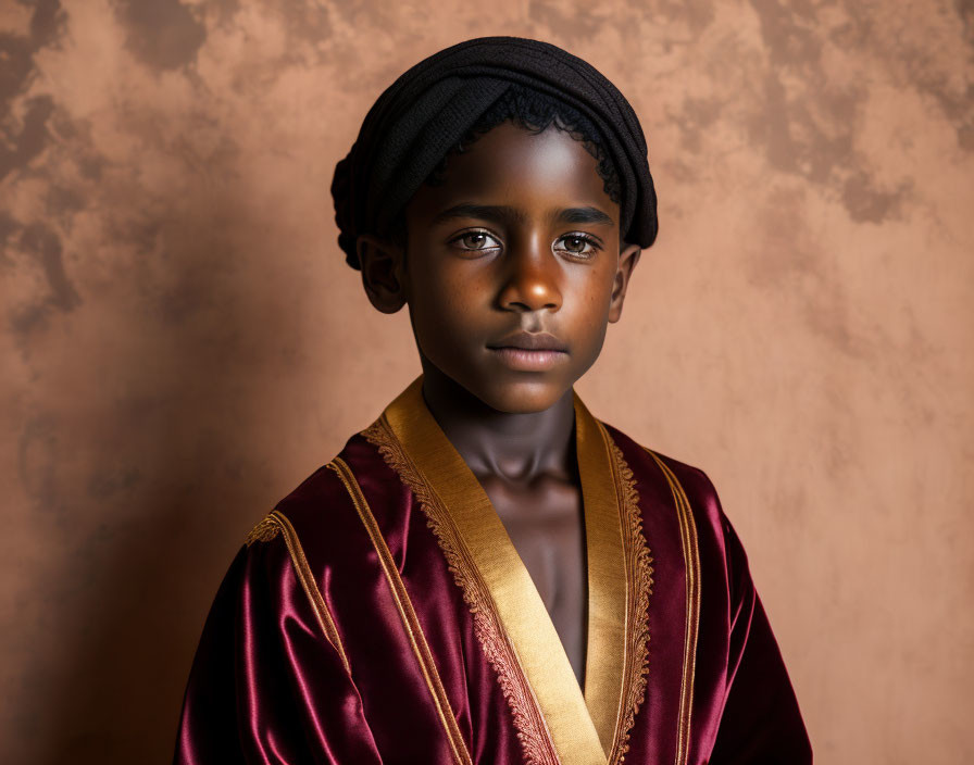 Contemplative Child in Black Headwrap and Burgundy Robe on Textured Brown Background