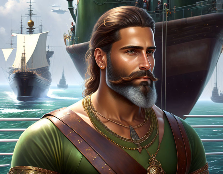 Bearded male character in historical clothing with sailing ships in digital illustration