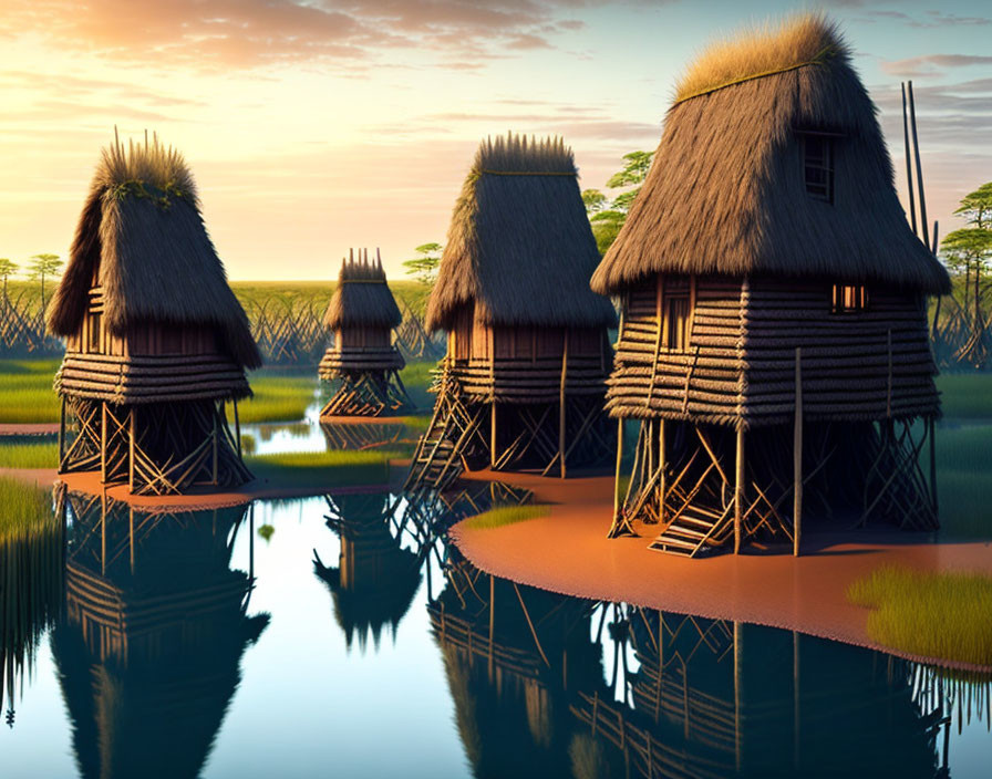 Stilt huts over serene waters in lush wetlands at sunset