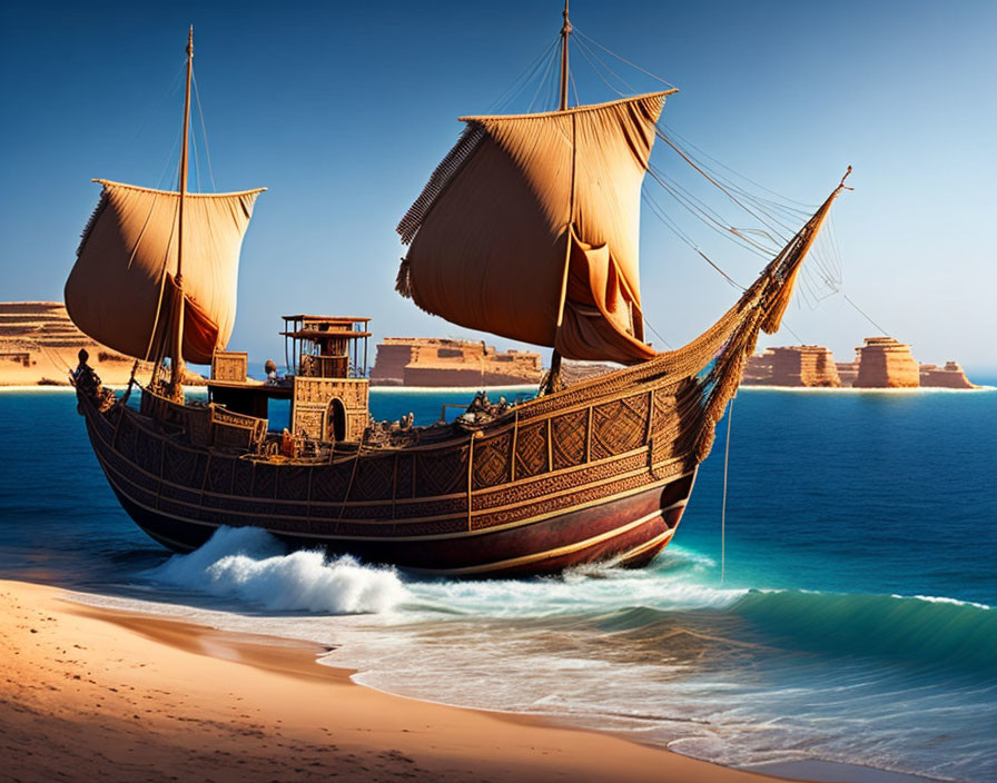 Ancient-styled ship on golden beach near azure waters