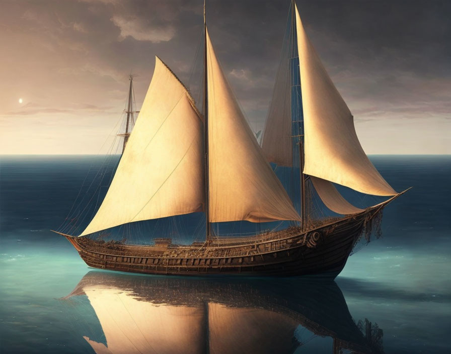 Sailing ship with billowing sails on calm twilight waters