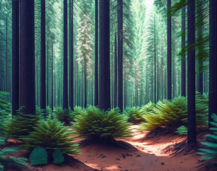 Mystical Forest with Tall Pine Trees and Soft Glow