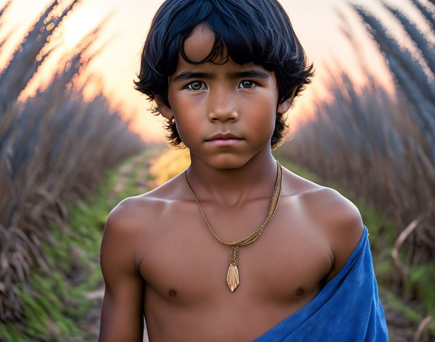 Young boy with dark hair and gold necklace in outdoor setting at sunset