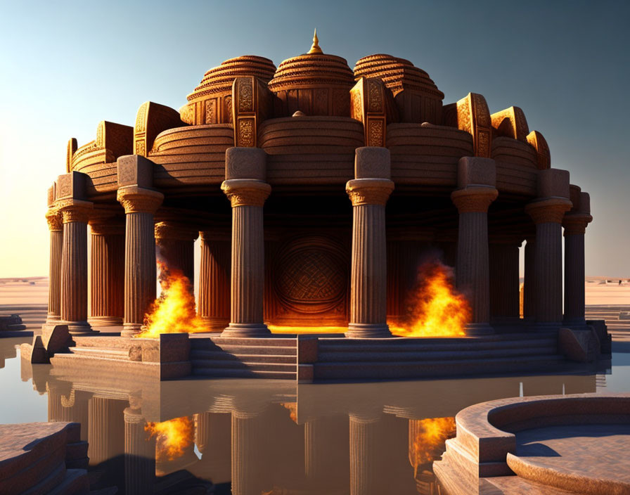 Digital art: Ancient temple with ornate pillars, fiery basins, and reflective water in desert sunset