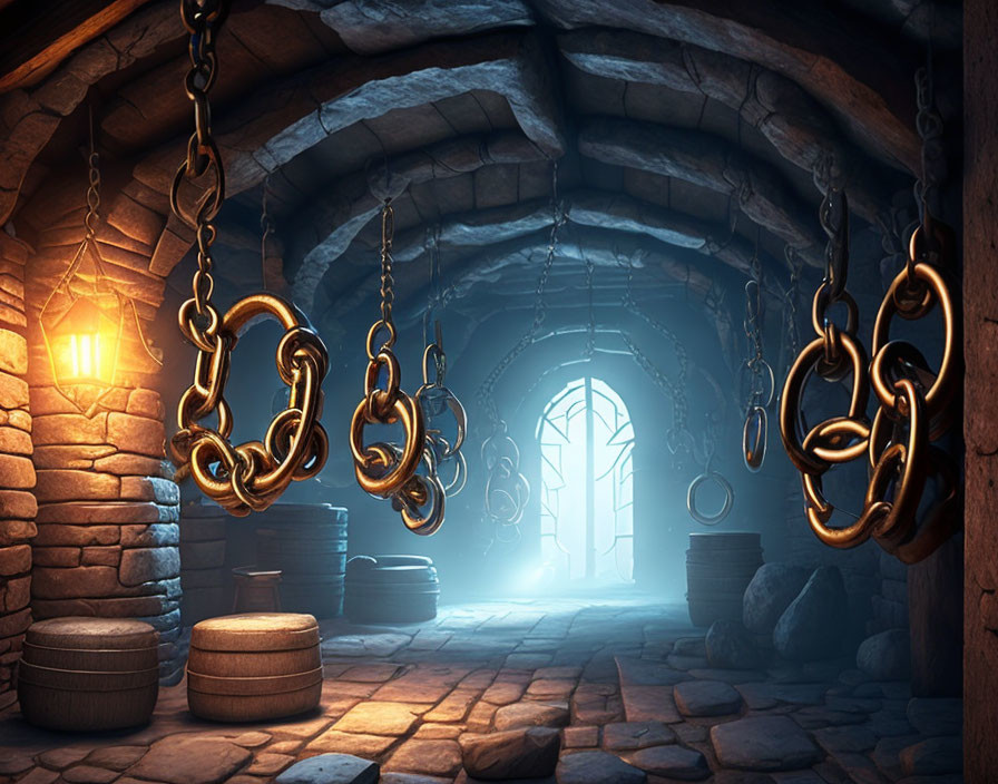 Dark dungeon with chains, barrels, and glowing gate