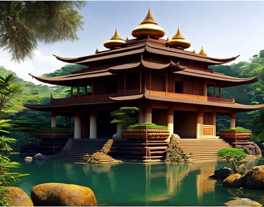 Asian-style Wooden Building with Tiered Roofs in Lush Greenery