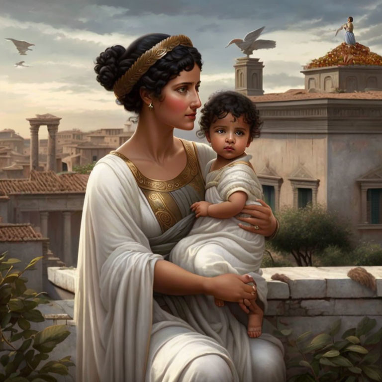 Classical painting of woman in Roman attire with child and cityscape.