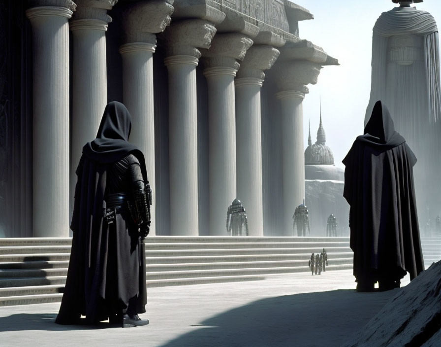 Cloaked figures in front of pillars and futuristic cityscape.