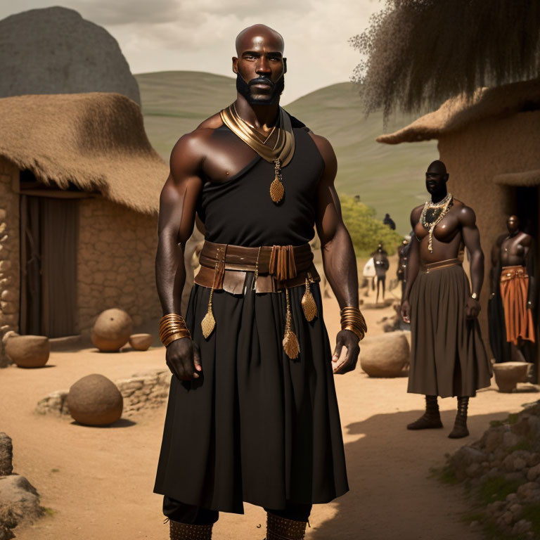 Bald Man in African Attire Stands in Village